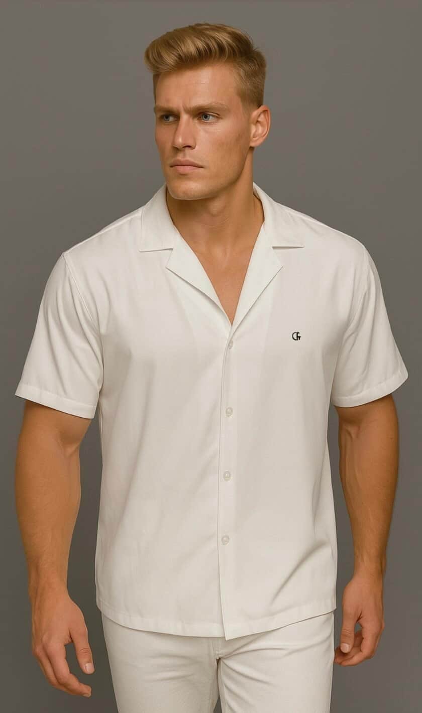 Confiture nyc men in stylish white shirt, modern fashion, casual chic, NYC clothing boutique, trendy menswear, summer fashion, fashion photography.
