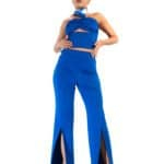 Blue stylish fashion outfit with slits and high heels for women in a studio setting.