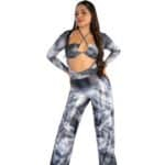Vegan tie-dye matching top and wide-leg pants set, stylish and comfortable fashion outfit with unique swirling black and white pattern, perfect for casual or trendy occasions.
