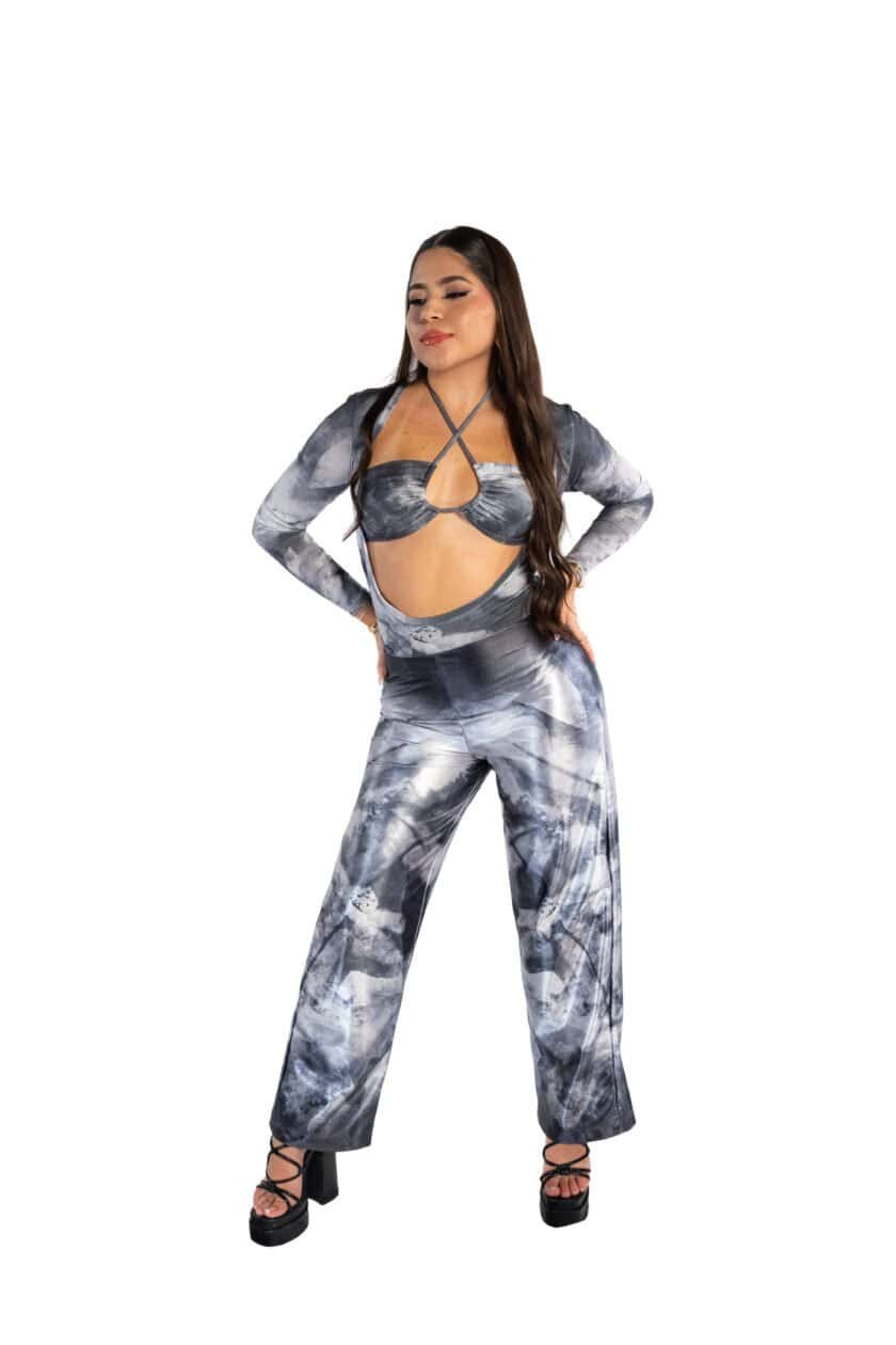 Vegan tie-dye matching top and wide-leg pants set, stylish and comfortable fashion outfit with unique swirling black and white pattern, perfect for casual or trendy occasions.