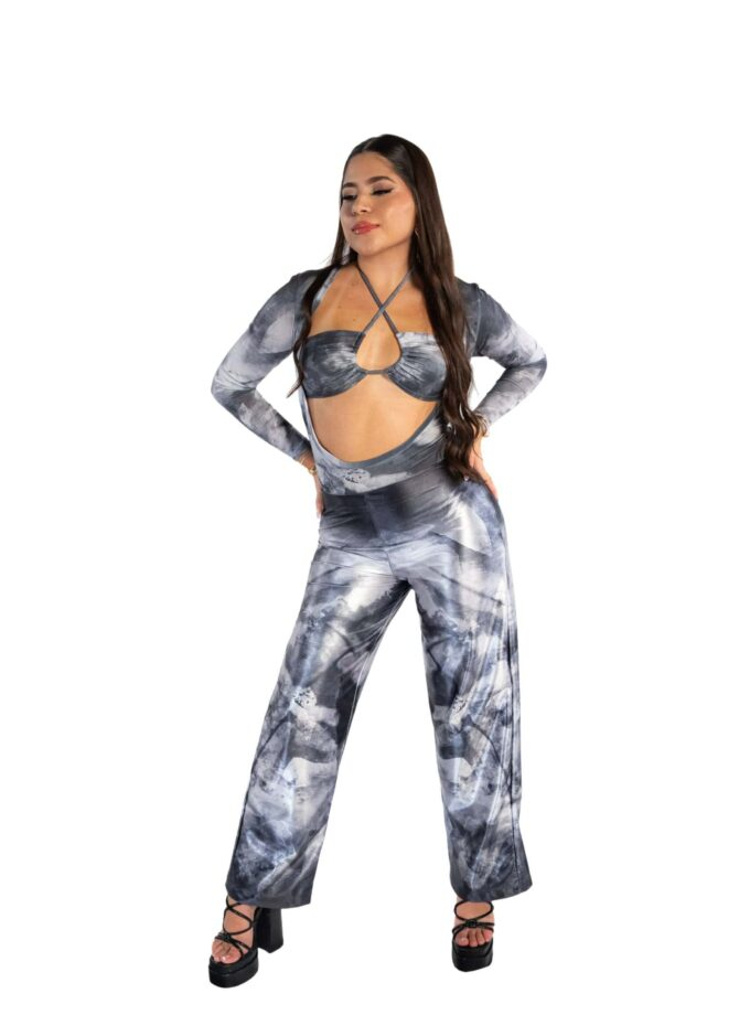 Vegan tie-dye matching top and wide-leg pants set, stylish and comfortable fashion outfit with unique swirling black and white pattern, perfect for casual or trendy occasions.