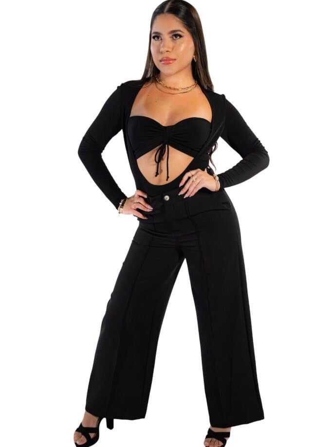 Black stylish women's fashion outfit with a cutout top and high-waisted wide-leg pants, paired with heels, jewelry, and accessories for a chic look.