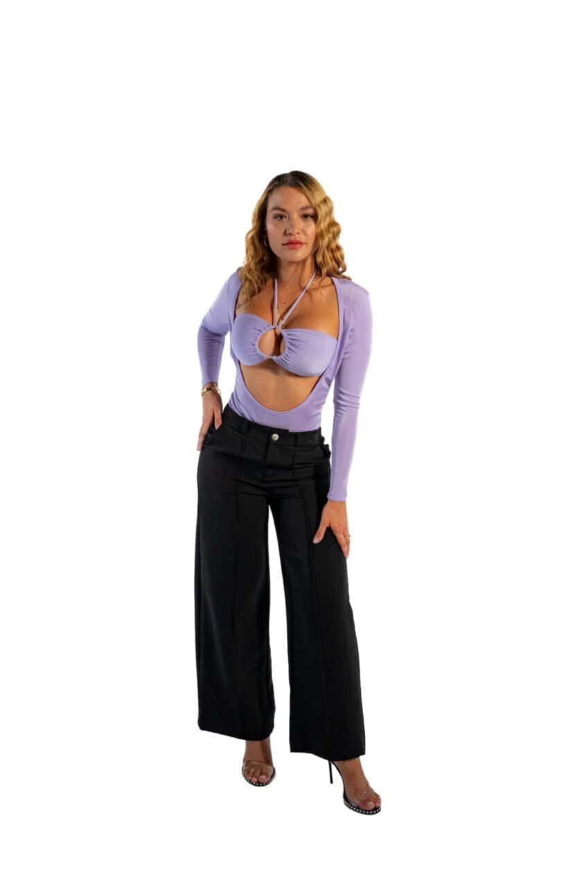 Lavender tie-front crop top with cutout detail, black wide-leg trousers, stylish fashion ensemble, trendy women's clothing, modern outfit for women.